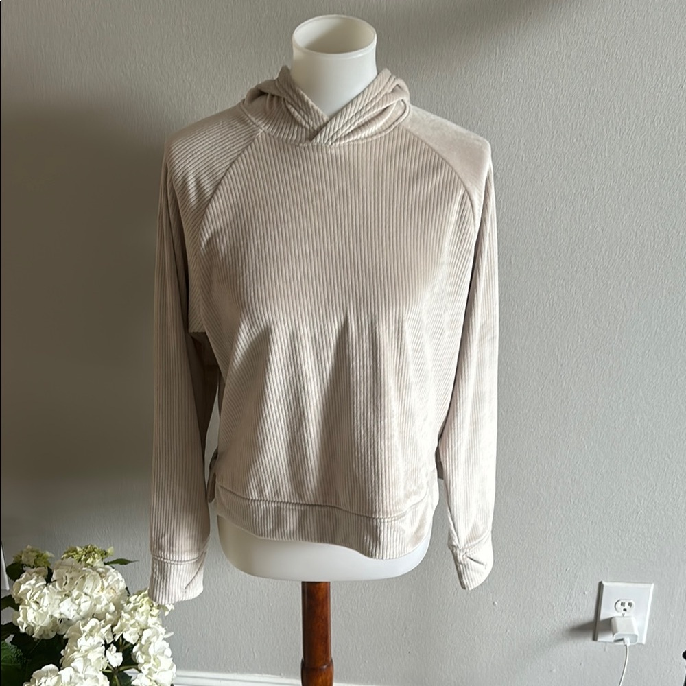 All in Motion Cream Hoodie Cowl Neck Sweater Soft Knit Relaxed Fit